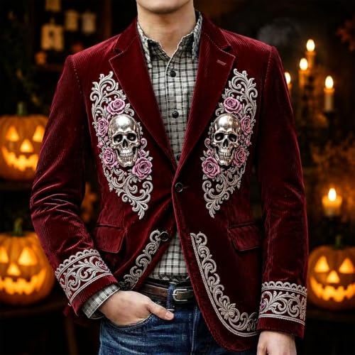 Mens Gothic 3D Skull Rose Pattern Corduroy Blazer Slim Fit Outerwear - image 3