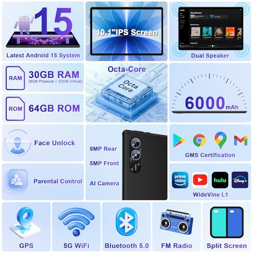 2026 Android 15 Tablet, 2-in-1 Octa-Core Electronics Tablets with Keyboard, Mouse, 10 Inch Tablets with Gemini AI, 30GB+64GB+1TB Expand, 6000mAh Battery, GPS, Widevine L1, 5G WiFi, Split Screen -Black - Image 3