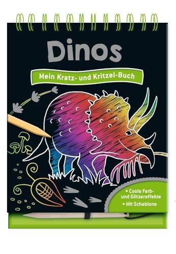 Dinos - Mein Kratz- und Kritzel-Buch: 15 zauberhafte Kratzseiten mit Farb- und Glitzereffekten zum Freikratzen für Kinder ab 5 Jahren | mit Schablone und Kratzstift