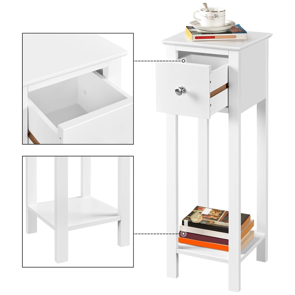 Yaheetech Mesita de Noche de Estrecha 25x25x70cm Mesita de Noche Alto con Cajón Mueble para Teléfono de Sofá, Dormitorio Color Blanco
