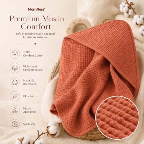 Image of Baby Hooded Bath Towel 100% Cotton Muslin 76x76 cm, 0-3Y, Newborn | Breathable, Lightweight,100% Muslin Cotton