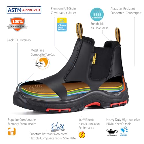 Image of Mens Work Boots Steel Toe Chelsea Safety Boots Cow Leather Waterproof Lightweight Working Shoes