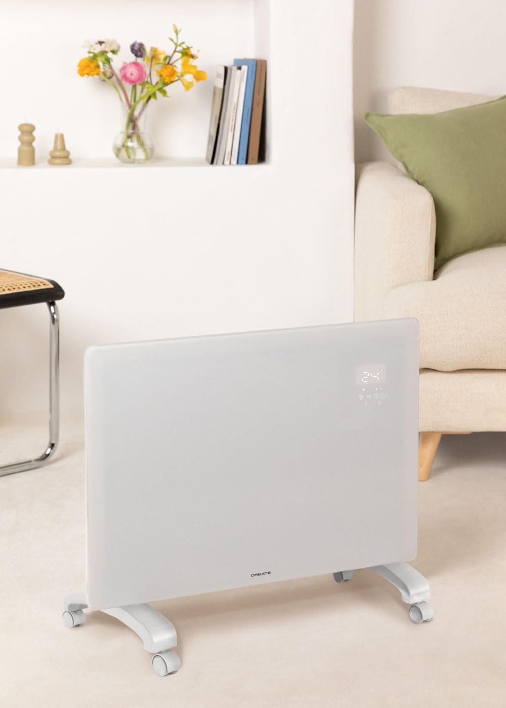 CREATE/WARM CRYSTAL 1500W / Convector eléctrico de cristal con wifi y ruedas blanco/App. sensores de precisión. temporizador. bajo consumo. instalación en pared o suelo. pantalla LED. 1500W