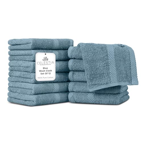 Image of Villa Celestia Cotton Washcloths Set of 12, 12x12 Inch, 100% Ring-Spun Combed Cotton, Soft Absorbent Quick-Dry Wash Cloths for Face and Body, Oeko-TEX Certified, Hotel & Spa Quality, Blue