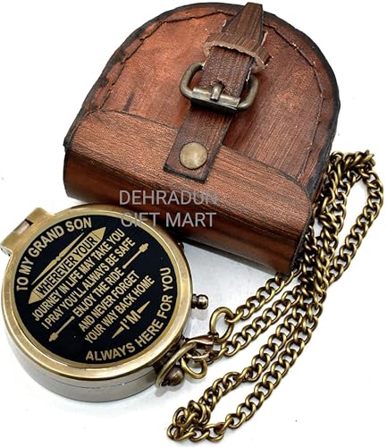 Brújula de bolsillo de latón grabada para nieto – Mensaje "Siempre aquí para ti" con estuche de cuero, regalo inspirador para graduación, Navidad o ocasiones especiales de abuelo miniatura 4