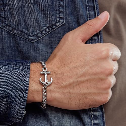 Galis Mens Bracelet with Stainless Steel Anchor Pendant, Silver Plated Chain Non Tarnish Bracelets for Men, Stylish Birthday Gift For Men, Trendy Jewelry with Lobster Claw Clasp Men 7"2