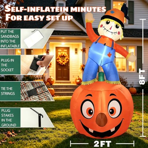 Image of 8FT Fall Inflatable Scarecrow Decorations for Outdoor Yard with LED Lights