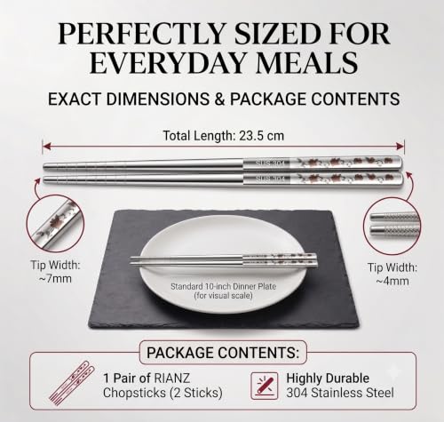 Image of RIANZ 304 Stainless Steel Korean Chopsticks 23.5 cm, Laser Engraved, 1 Pair (Style 2)