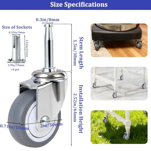 Enyke 2" Wet Dry Vac Repalcement Casters 500 LBS, 5/16" x 1-1/2" (8 x 38mm) Stem Casters, TPR Rubber Casters Set of 4, Swivel Castors with Ball Bearing, for Furniture, Carts, Dolly, Vacuum
