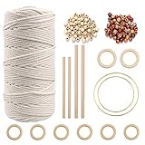 【Naturbaumwollseil Set】60 Pcs 12mm Farbige Holzperlen, 60 Pcs 12mm Primärfarbe Holzperlen,6 Pcs 5cm Holzringe, 2 Pcs 7cm Holzringe, 2 Pcs 15cm Holzstäbchen,2 Pcs 20cm Holzstäbchen,1Pcs 3mm * 100m Baumwollseil,1 Pcs 8cm Eisenringe,1Pcs 15cm Eisenringe.