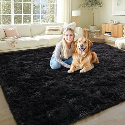 KING DARE 8x10 Area Rugs for Living Room, Soft Plush Fluffy Shaggy Fuzzy Furry Large Black Rug, Anti-Slip Washable Modern Big Floor Carpet for Bedroom Aesthetic Home Decor