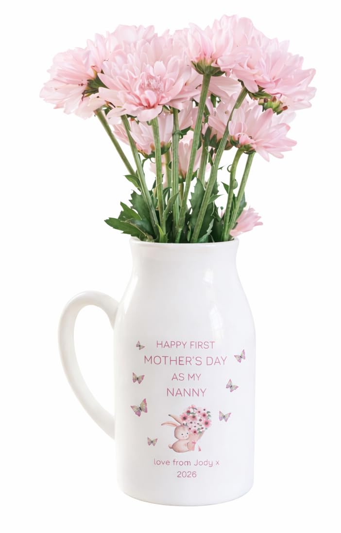 Uniquepgifts White Personalised First Mothers Day Flower Jug, New Nanny Gifts, Keepsake For Mum, Nan, Grandma, Nana, Auntie - 12.5Cm High