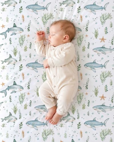 Image of Crib Sheets for Boys and Girls, 2 Pack Fitted Baby Sheets for Standard Toddler Mattress 28 inch x 52 inch, Soft Breathable Jersey Knit Baby Bedding (Turtle & Shark)