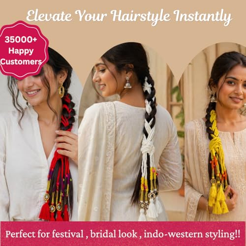 Image of Zippy Flora Neelima Handmade Boho Parandi (Snow White) | Traditional Punjabi Parandi Cotton Hair Accessory with Braid Tassels | Women's Ethnic Hair Extension for Choti, Braids & Patiala Shahi Hairstyles