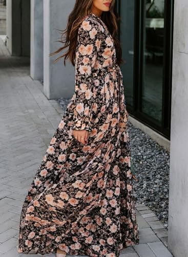 Image of BLENCOT Womens Casual Boho Floral Printed V Neck Long Sleeve Long Maxi Dress Spring Summer Dresses