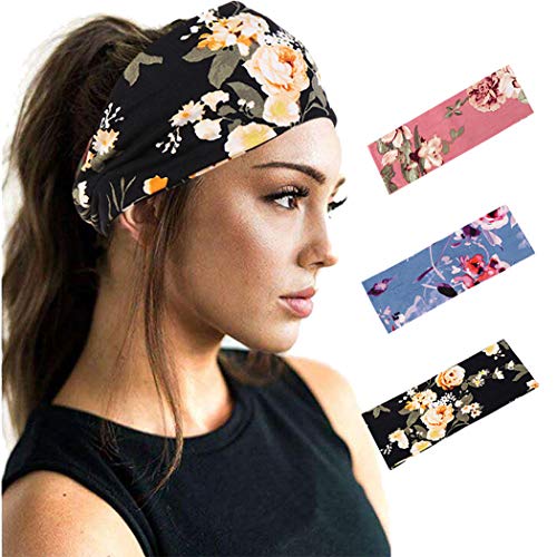 Woeoe Boho African Turban Printed Headbands Beach Stylish Yoga Black Hairbands Elastic Wide Head Wraps for Women and Girls (Pack of 3)