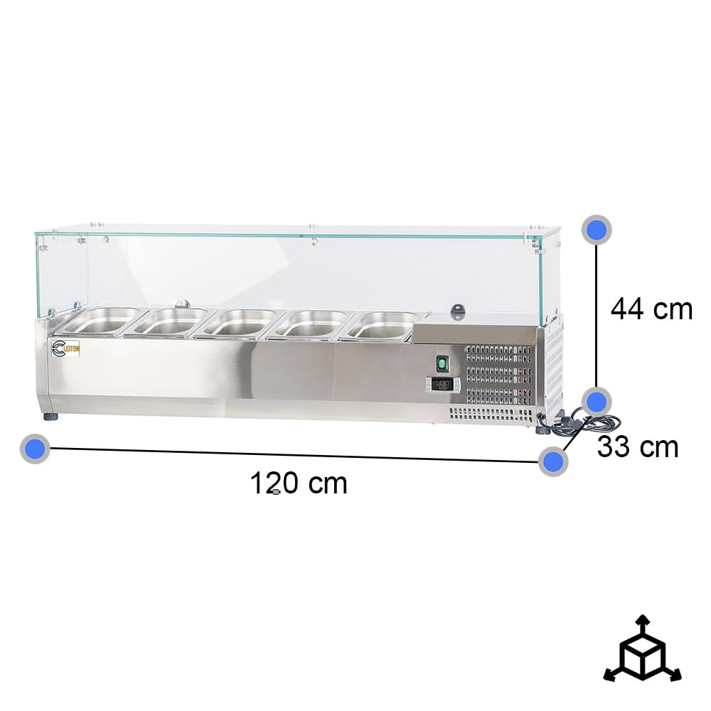 Cleiton® Vitrina de Ingredientes Refrigerada 120x33x44 cm de Acero Inoxidable 5 Cubetas GN 1/4 | Nevera de Ingredientes con Termostato Digital Dixell | Mostrador Vitrina refrigeradora