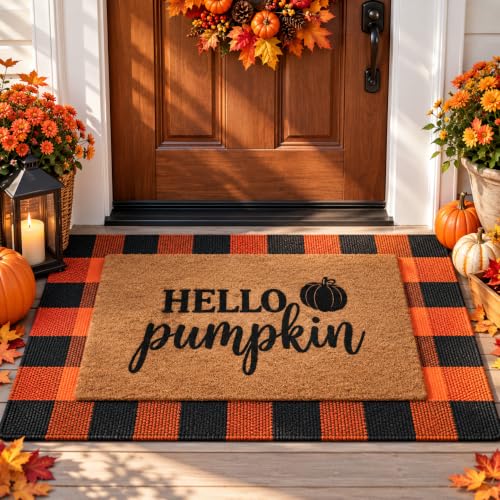2 Pack Fall Halloween Door Mat Set, Pumpkin Coir & Plaid for Thanksgiving
