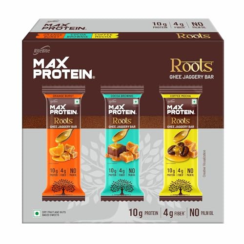 Image of RiteBite Max Protein Roots Assorted 10g Protein Bars (Pack of 6) | Made with Ghee & Jaggery | 4g Fiber | No Palm Oil | (270g)