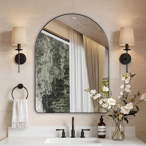 Image of ANDY STAR Arched Mirror, 24 x 32 Inch Black Wall Mirror in Stainless Steel Metal Frame, Arch Top Rounded Corner 1 Inch Deep Set Design Wall Mount Hangs Vertical