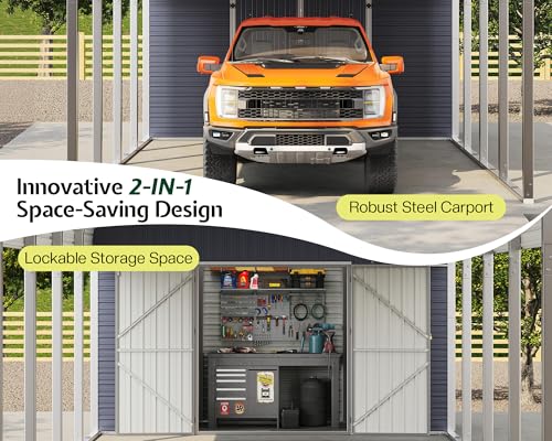 Image of Jocisland 12x24 FT 2-in-1 Carport & Storage Shed, Heavy Duty Carport with Galvanized Steel Roof, 12x4.2 FT Metal Shed with 2 Transparent Panels & Double Doors, Car Canopy for Cars, Boats, Trucks