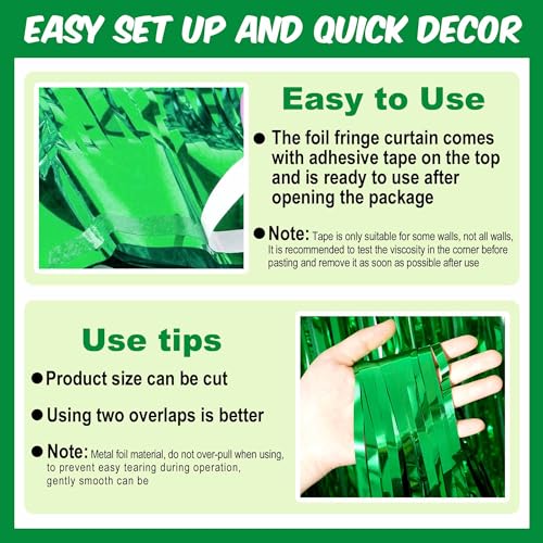 Image of 3 Pack Green Foil Fringe Curtains Backdrop, 3.28 x 9.8 Ft Metallic Streamers Tinsel Curtains Background for Photo Booth, Birthday, Halloween, Christmas, Thanksgiving, New Year Party Decorations