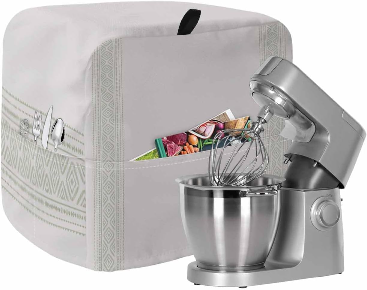 Sage Green Boho Striped Stand Mixer Cover with Storage Pocket, Waterproof Kitchen Mixer Covers, Vintage Ethnic Tribe Geometric Kitchen Appliance Dust Cover Compatible with 4/4.5 Quart Mixers