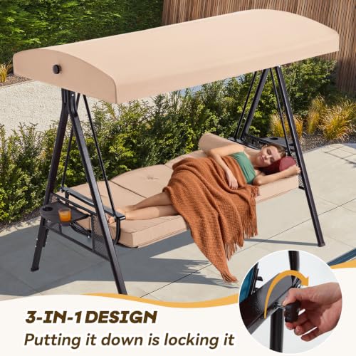 Image of 3 Seat Outdoor Patio Porch Swing with Adjustable Canopy, 3 in 1 Swing for Adults, Patio Swing Chair with Thickened Cushions,Pillows & Cup Holders for Backyard, Porch, Garden (Khaki)