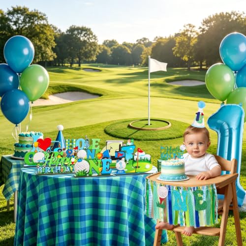 Image of Golf Hole in One Highchair Banner for First Birthday Party Decorations | Blue Green Golf High Chair Fabric Banner for Boys 1st Birthday Backdrop Decorations Photo Props Baby Shower Party Supplies