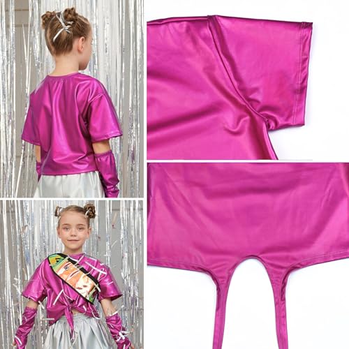 Image of Perfashion Girls Metallic Shirts Shiny Tie Front Knot Crop Top with Arm Sleeves for Dancing Raves Festivals 4-15 Years