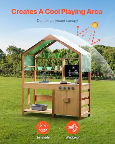 Image of VEVOR Mud Kitchen for Kids Outdoor, Wooden Mud Kitchen Set with Canopy, Mud Kitchen for Kids Outdoor Backyard with Stoves, Planter Boxes, 2 Sink, Faucet, Blackboard, Cookware Pot