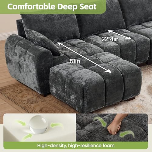 Image of 112 inch L Shaped Modular Sectional Sofa, Grey Chenille Cloud Couch, Modern Upholstered 4 Seater Couch with Removable Ottoman, Tufted Deep Seat & Wood Legs, Sectional Couches for Living Room Apartment