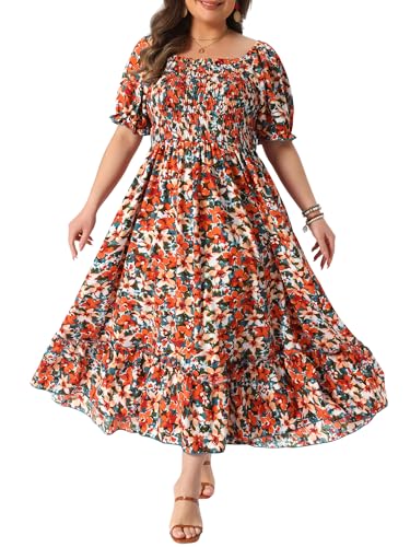 Image of Agnes Orinda Plus Size Dress for Women Short Sleeve Shirred Square Neck Floral Maxi Long Dresses