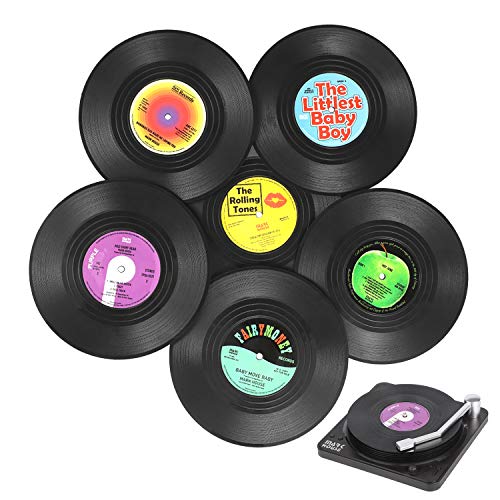 Music Coasters for Drinks YAIKOAI 6 Pack Retro Vinyl Record Disk Coaster with Vinyl Record Player Holder Drink Coasters for Music Lovers