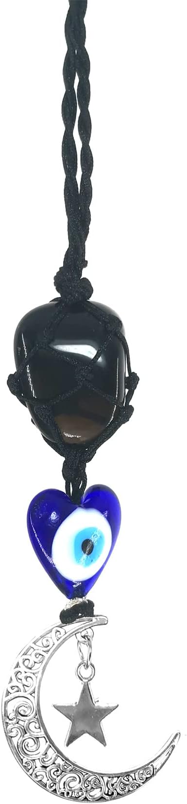 Blue Evil Eye Obsidian Stone Cute Boho Car Mirror Hanging Accessories for Women and Men,Car Charm for Rear View Mirror Ornaments Decor with Moon and Star (Obsidian)