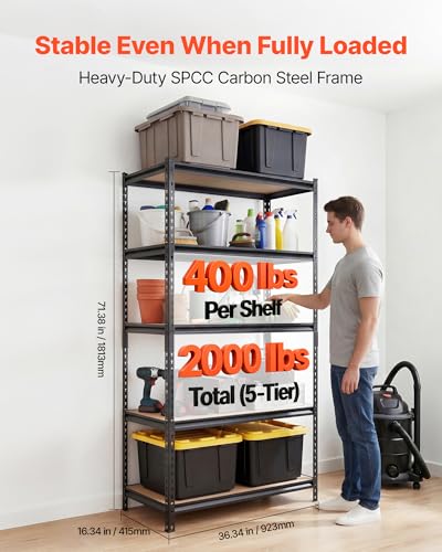 Image of VEVOR Storage Shelves, 5-Tier Adjustable, 2000 lbs Capacity, Heavy Duty Garage Storage Shelving Unit, Metal Utility Rack Shelf, for Garage Warehouse Basement Kitchen, 36.34 inch W x 16.34 inch D x 71.38 inch H