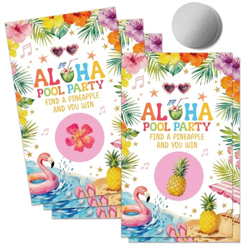 THEBESTU 50 Pcs Aloha Pool Party Scratch off Game Cards, Funny Tiki Theme Lottery Prize Raffle Tickets for Tropical Hawaiian Luau Party, Summer Beach Birthday Holiday Retirement Parties Supplies