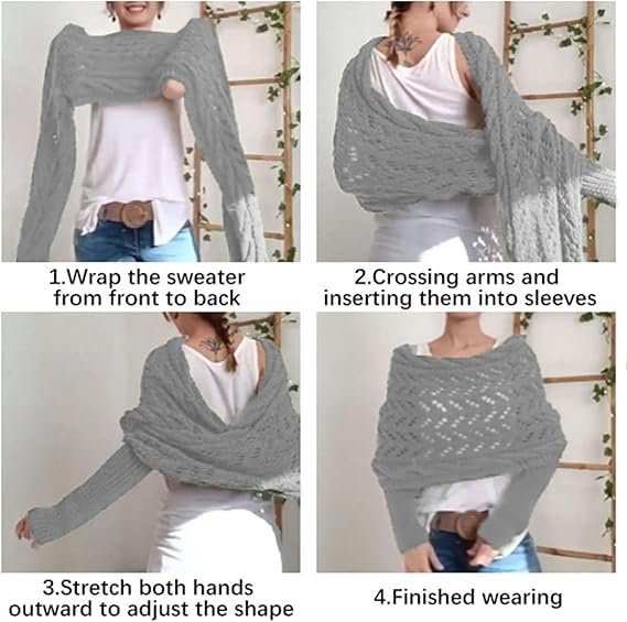 Scarf with Sleeves for Women,Wrap Sweater,Shrugs for Women,Women's Knitted Double Sleeve Scarf,Knitted Cable Wrap(Light Gray)3