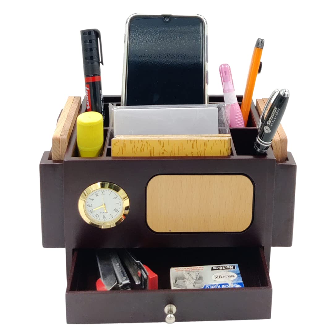 Buy Revolving Pen Stand for Office Table with Clock, Wooden Pen Holder