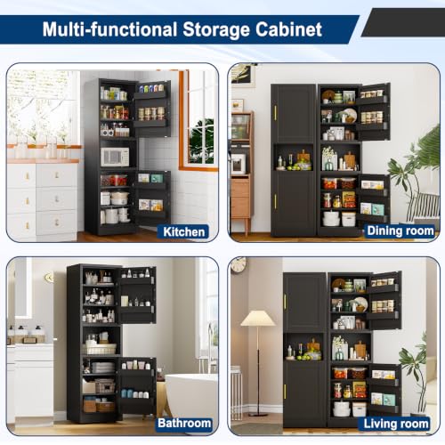 Image of Tall Narrow Pantry Cabinet for Kitchen, 67 inch H Metal Storage Cabinet with Inner Door Storage Racks, Doors & 3 Adjustable Shelves for Dining Room, Living Room, Home Office, 20 inches Wide, Black