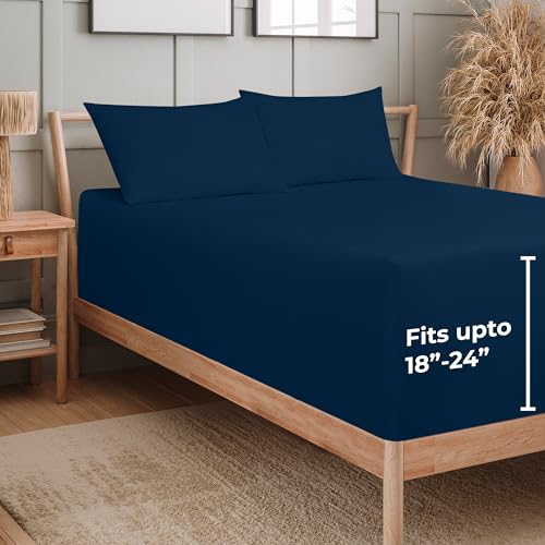 Image of Royale Linens Extra Deep Pocket Twin Fitted Sheet Only - Twin Size Deep Pocket Navy Fitted Sheet - Fits 18 inch to 24 inch Thick Mattress - Soft & Breathable Elastic Sheets (39x75 Inches, Navy)