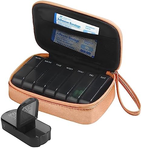 Weekly PU Leather Pill Bag Organizer Case 2 Times a Day, AM PM Daily Pill Box to Hold Vitamin, Fish Oil, Supplements and Medicine (Rose Gold)