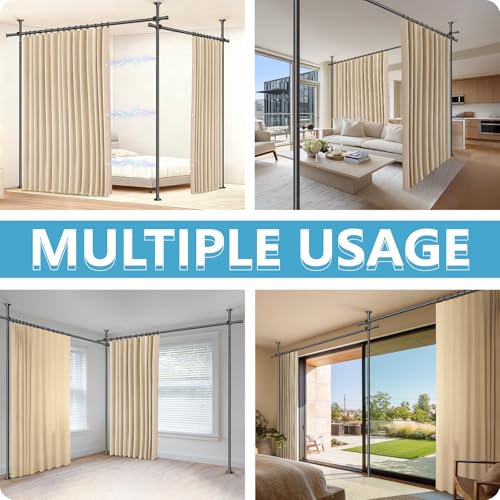 Image of JILRON No-Drill Room Divider Curtains Set: Includes 106 inch W x 84 inch L Beige Curtain 2-Panel & Adjustable Pole Brackets (72-200 inch W x 43-120 inch H Adjustable Range)