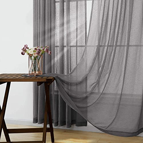 Charcoal Gray Curtains Sheer 45 Inches Long For Kitchen Pair Set 2 Panels Rod Pocket Casual Fresh Dark Grey Drape Light Filtering Airy Linen Look Curtain For Bathroom Bedroom Doorway 52X45 Inch Length #TOP3