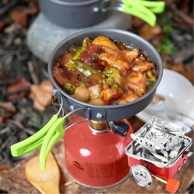 Image of 14-Piece Camping Cookware Mess Kit with Portable Gas Stove, Lightweight Nonstick Pot & Pan Set with Spork, Bowls, Sponge & Travel Bag - Compact Outdoor Cooking Gear for Backpacking, Hiking