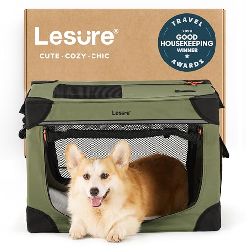 Lesure Shown on TODAY Show Soft Collapsible Dog Crate - 26 Inch Portable Travel Crate for Small Dogs Indoor & Outdoor, 4-Door Foldable Pet Kennel with Mesh Windows, Green