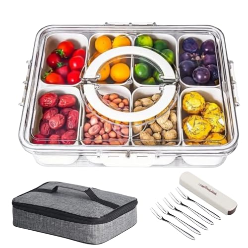 Image of Ballaza Square Divided Serving Tray with Lid & Handle - Appetizer Tray with 8 Removable Compartments & Five Forks, Food Storage Lunch Organizer with Insulated Bag