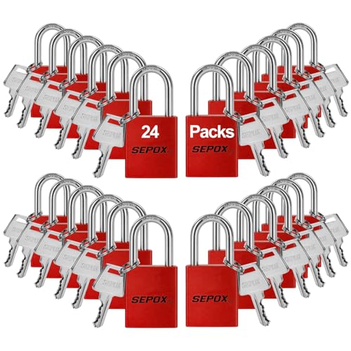 Image of SEPOX 24-Pack Heavy Duty Anti-Rust Padlocks - 1-1 /2 inch Aluminum Body, Long Shackle, Keyed Alike Lock for Gate, Fence, Lockout & Storage - Red