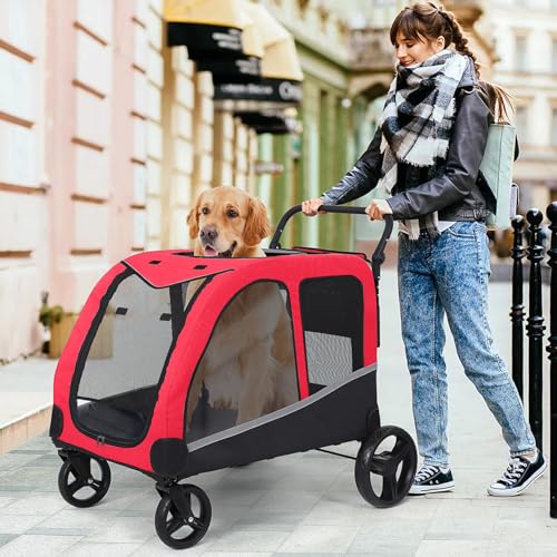 Image of Saudism Dog Stroller for Large & Medium Dogs (up to 160lbs), Pet Stroller for 2 Small Dogs, Extra Large Heavy Duty, Dog Wagon Foldable & Adjustable Handle with Pocket, Red