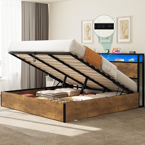 DWVO Lift-up Storage Bed Frame, King Size Bed Frame with Bookcase Headboard & LED Lights, Wooden Platform Bed Frame with Charging Station, No Spring Box Needed, Rustic Brown